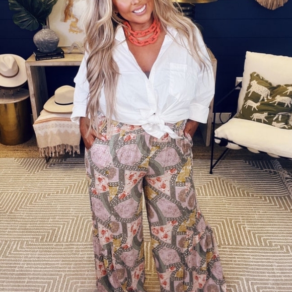 easel Pants - Easel Boho Wide Leg Paisley Pastel Patchwork Boho Palazzo Wide Leg Pants  NWT